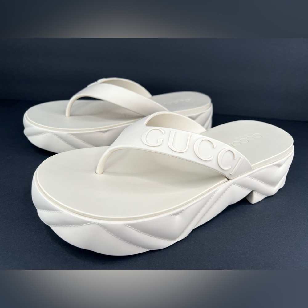 Gucci Platform Thong Mystic White Rubber Women Logo Sandals Size EU 40